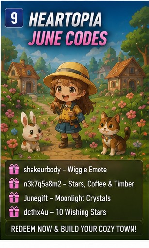Heartopia June codes add Wiggle emotes, Wishing Stars, Moonlight Crystals and coffee beans