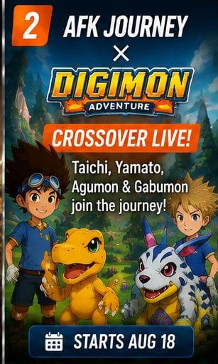 AFK Journey × Digimon Adventure crossover goes live today with Taichi, Yamato, Agumon and Gabumon