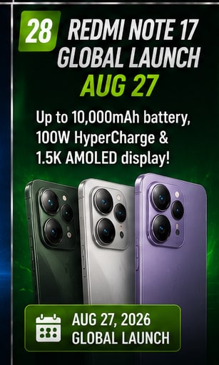 Redmi Note 17 global launch is officially set for August 27 with up to 10,000mAh battery