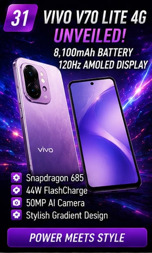 vivo V70 Lite 4G pairs an 8,100mAh battery with a 120Hz AMOLED display
