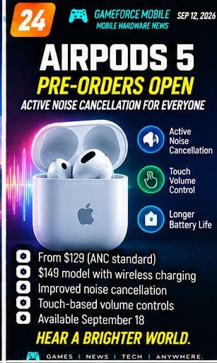 AirPods 5 pre-orders open as Apple lowers the entry point for ANC - Gameforce Mobile news hero image