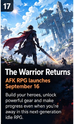The Warrior Returns: AFK RPG nears September 16 mobile launch - Gameforce Mobile news hero image