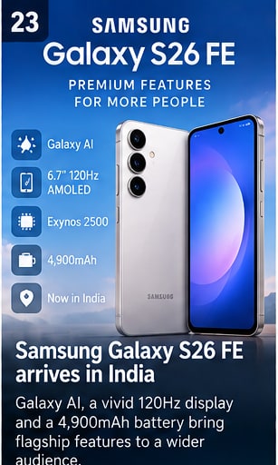 Samsung launches Galaxy S26 FE in India with Galaxy AI and 120Hz AMOLED - Gameforce Mobile news hero image