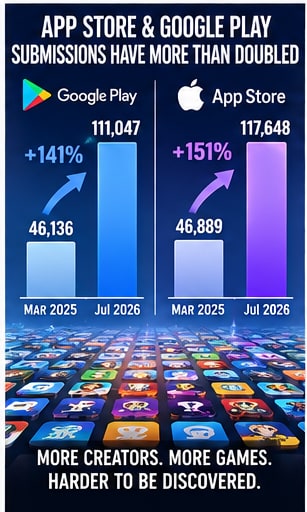 App Store and Google Play submissions have more than doubled as releasing an app gets easier and discovery gets uglier - Gameforce Mobile news hero image
