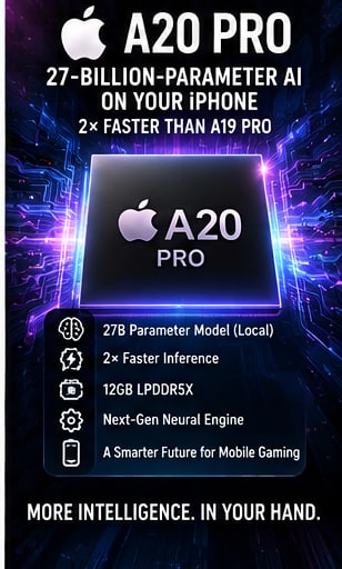Apple's A20 Pro reportedly runs a 27-billion-parameter AI model locally at twice A19 Pro speed - Gameforce Mobile news hero image