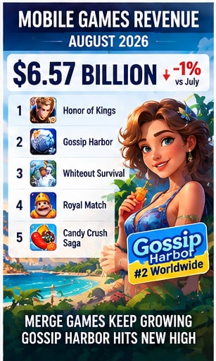 Gossip Harbor climbs to number two worldwide as mobile players spend $6.57 billion in August - Gameforce Mobile news hero image
