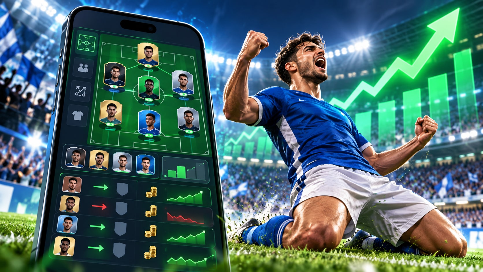 EA Sports FC 27 Companion smartphone squad builder interface with celebrating football player and rising financial charts