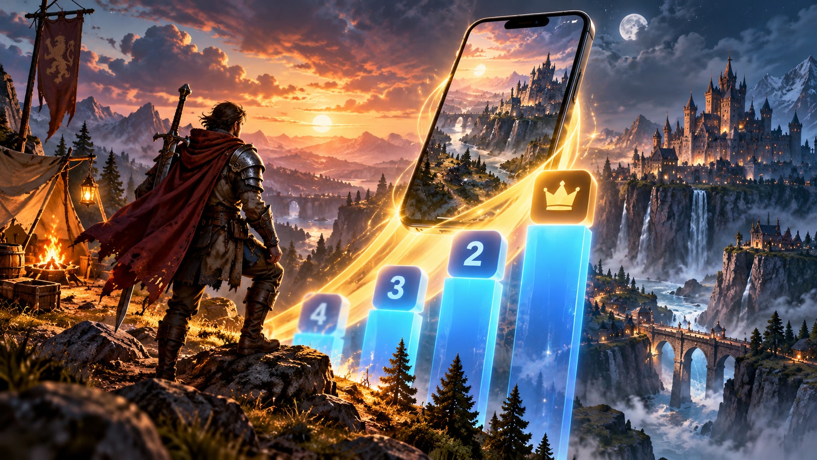 Gothic RPG warrior gazing at rising App Store ranking bar chart on smartphone floating above fantasy colony landscape