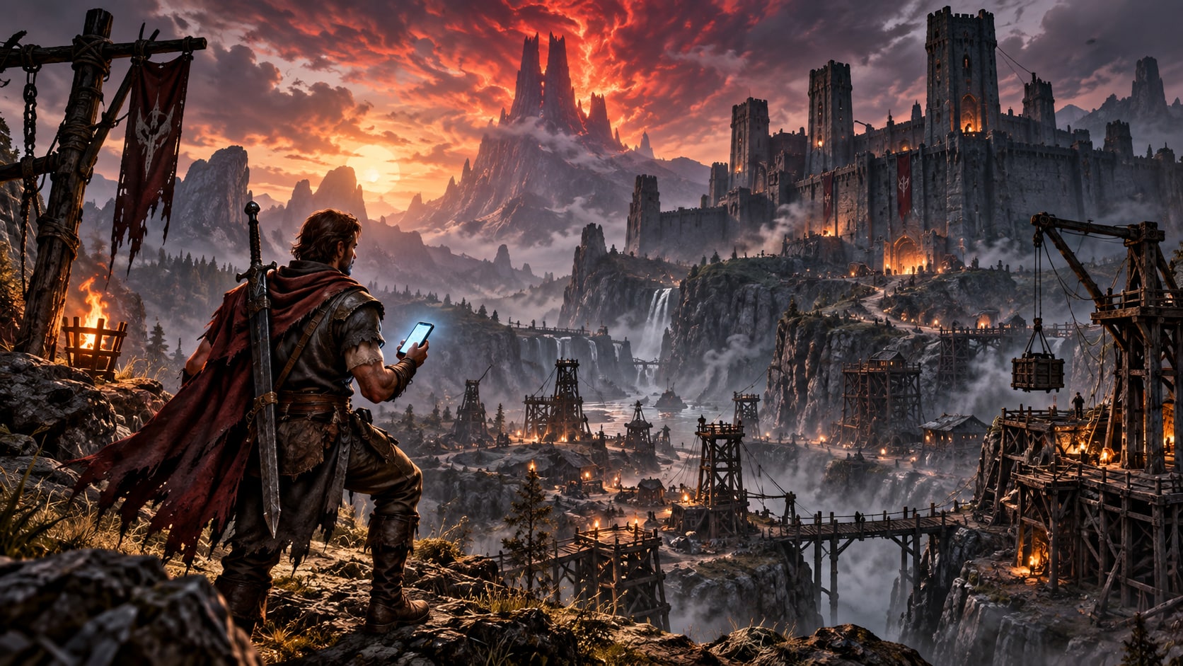 Gothic Classic hero standing on a cliff with sword and iPhone overlooking the medieval fortress colony