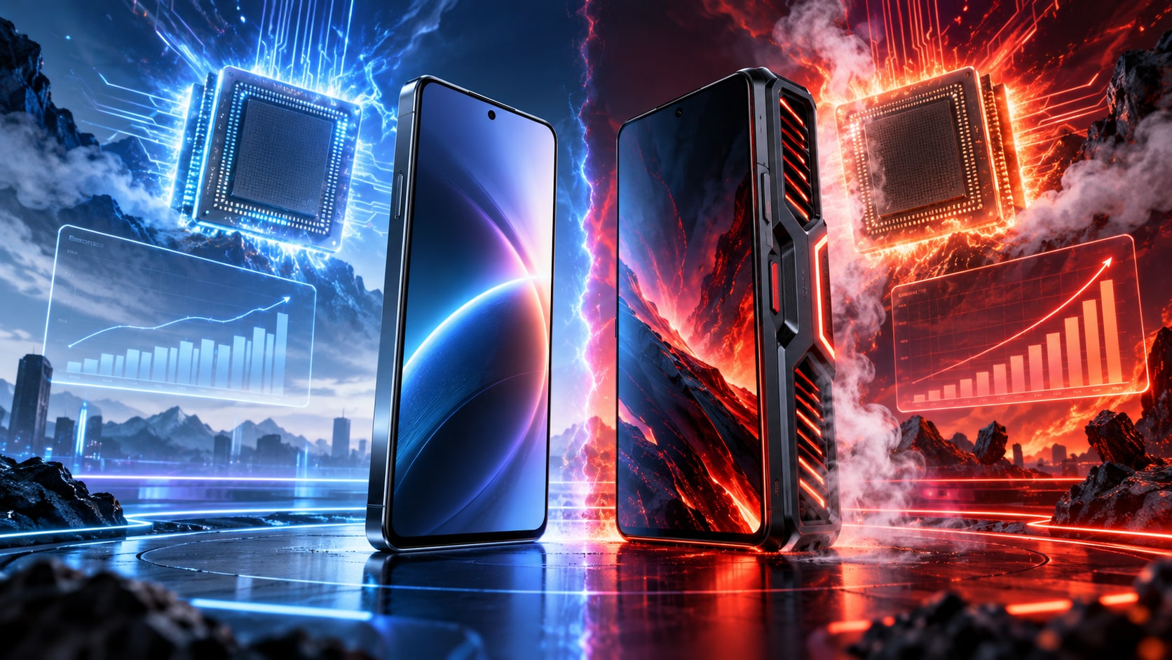 Side-by-side comparison of sleek standard smartphone and rugged active-cooled gaming handset highlighting Snapdragon Gen 6 silicon split