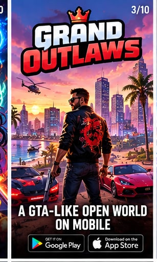 Grand Outlaws open-world mobile crime sandbox featuring supercars, helicopters, and city skyline