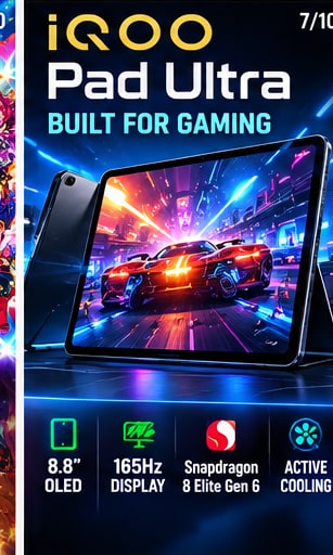 iQOO Pad Ultra 8.8-inch 165Hz OLED gaming tablet with Snapdragon 8 Elite Gen 6 and active cooling