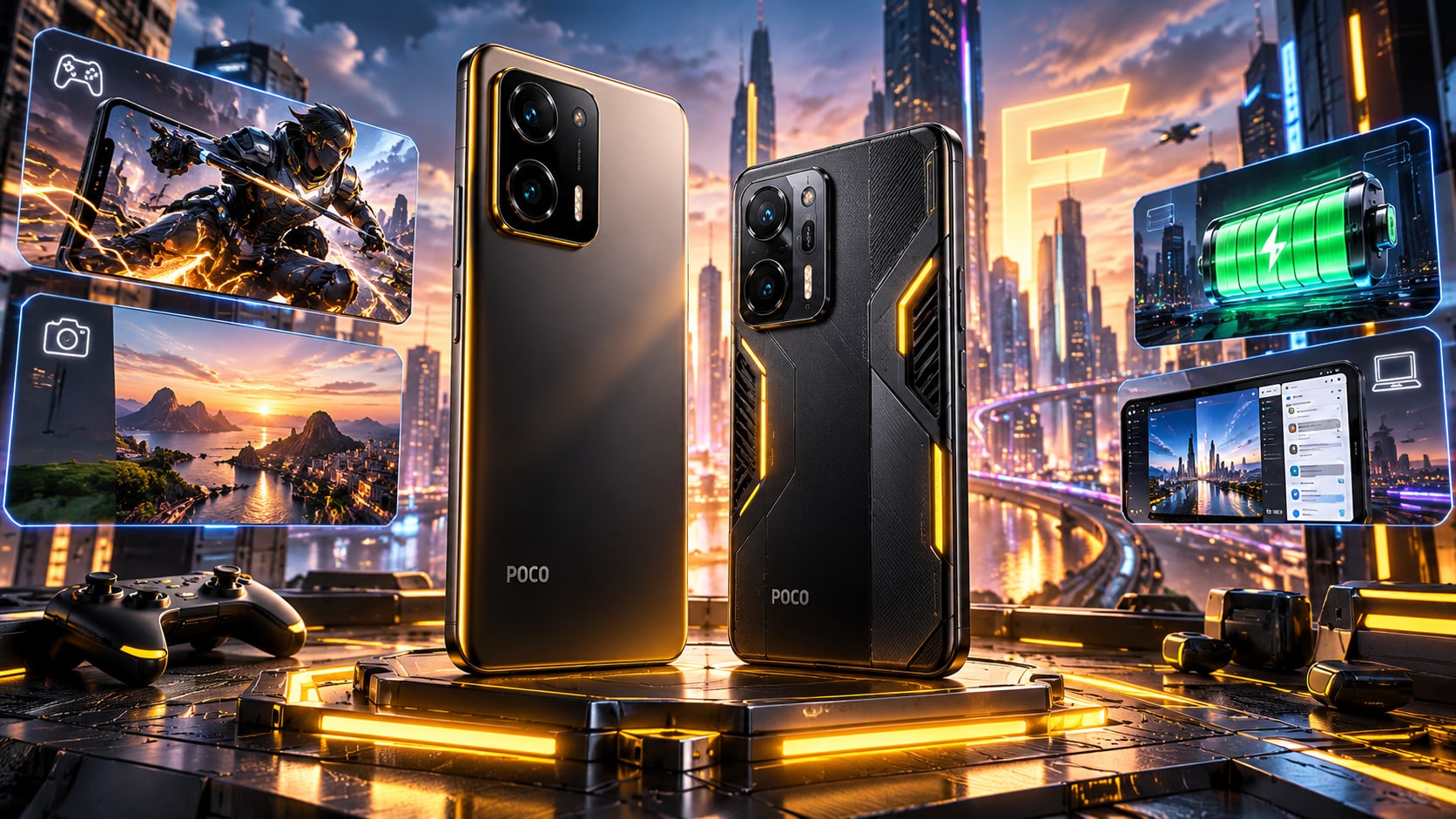 POCO F9 Pro and F9 Ultra gaming flagship smartphones against illuminated modern cityscape