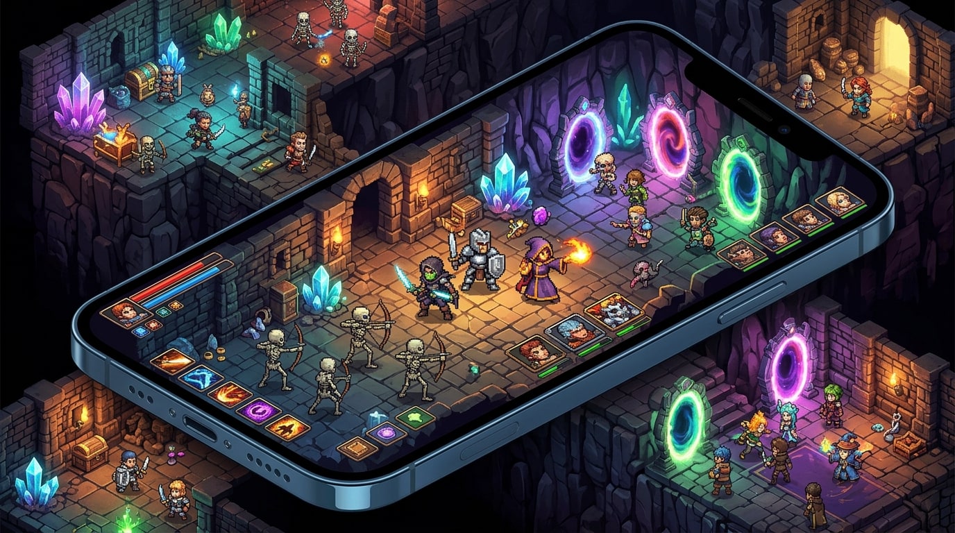 Realm of Legends isometric fantasy MMORPG dungeon gameplay with heroes and magic portals on mobile display