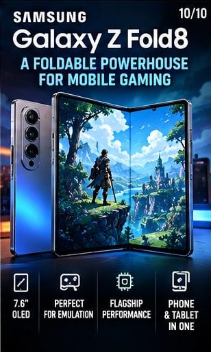 Samsung Galaxy Z Fold 8 foldable smartphone showing 7.6-inch display running retro emulation
