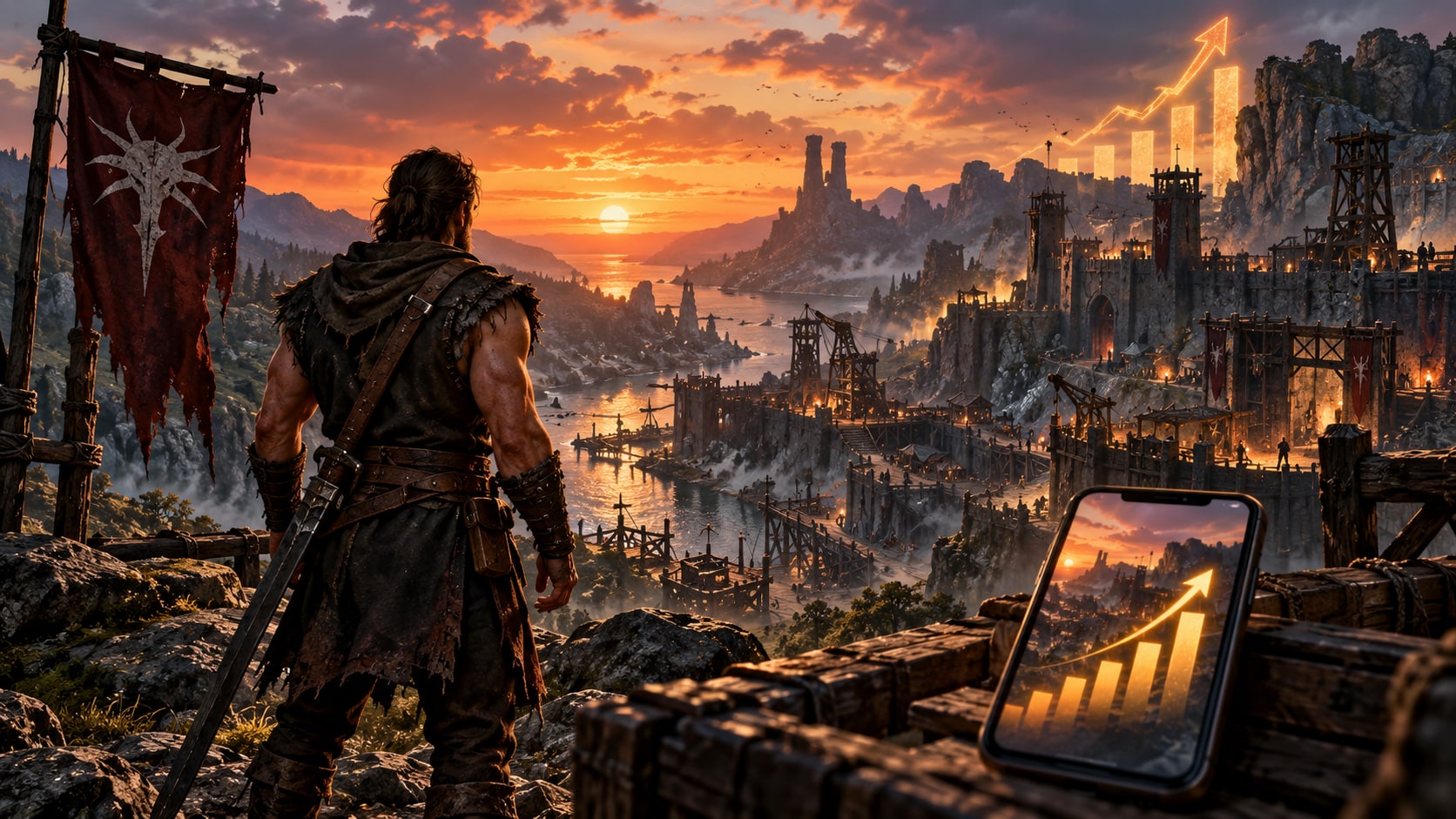 Gothic Classic warrior overlooking fantasy colony fortress at sunset with iPhone showing top-ten App Store ranking