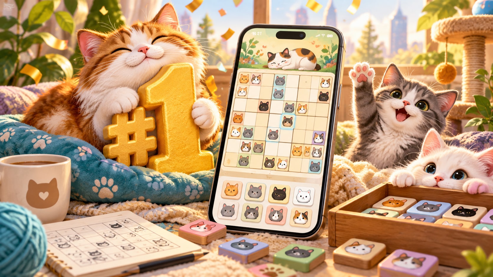 Meowdoku cat sudoku puzzle game on iPhone surrounded by cheerful kittens and golden number one trophy