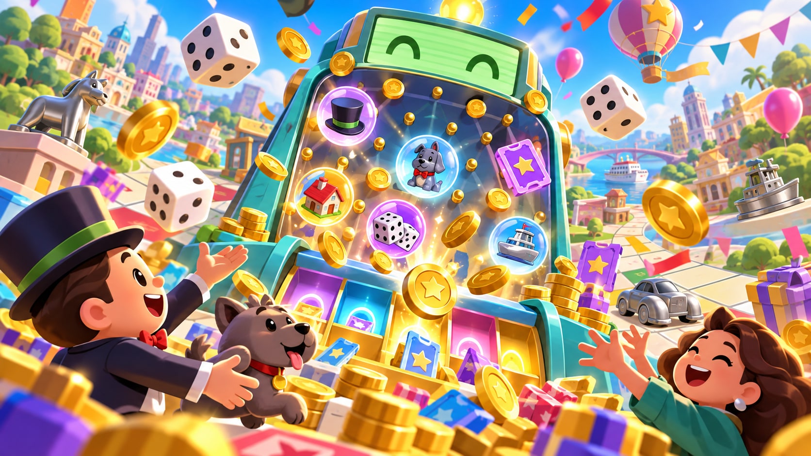 Monopoly GO Peg-E Prize Drop event pachinko machine dropping gold tokens, dice, and shields
