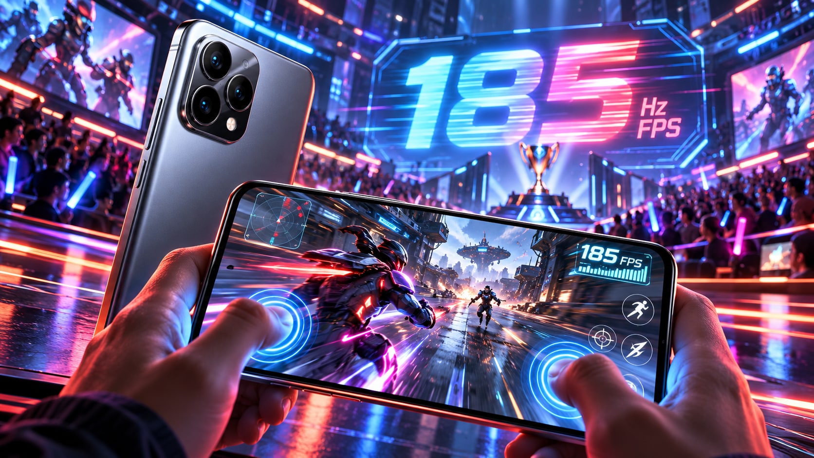 OnePlus 16 flagship smartphone running high-speed esports shooter at 185 FPS on 185Hz display