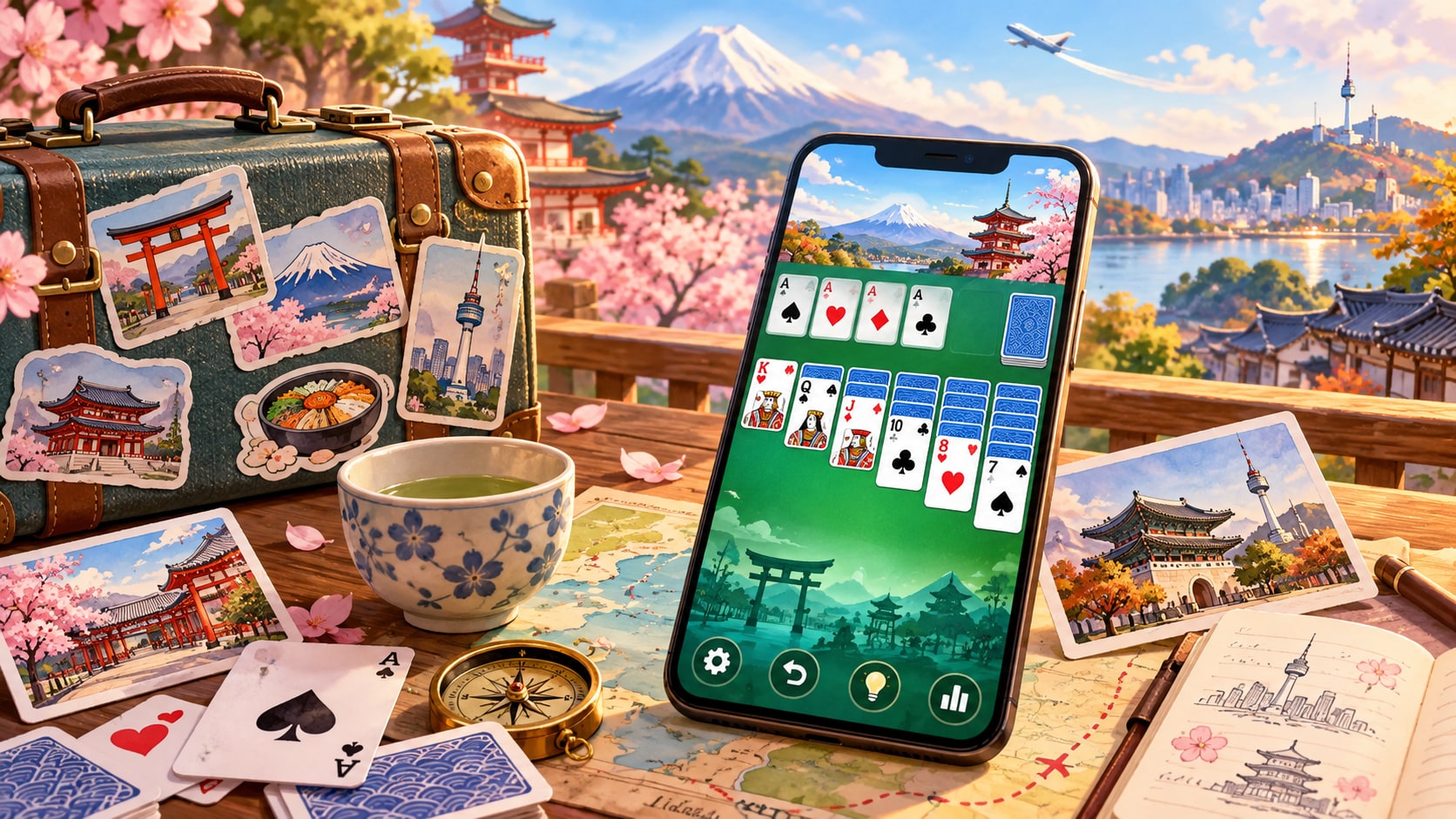 Solitaire World Tour mobile card game on smartphone with travel stickers and watercolor cards of Asian cities