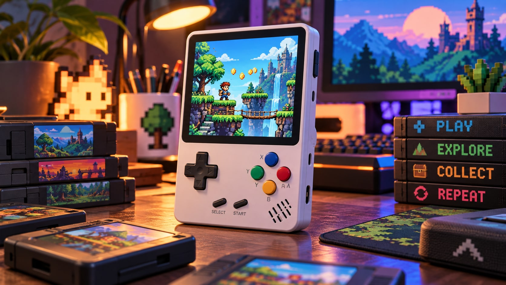 AYANEO KONKR Pocket Block vertical retro Android handheld playing 2D pixel platformer game on wooden desk