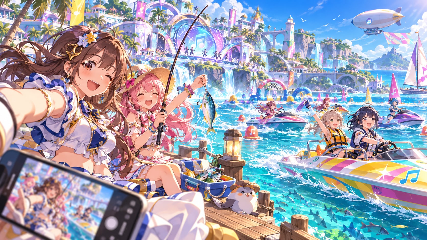 hololive Dreams anime idols fishing and driving speedboats at tropical Soda Pop Lagoon beach resort