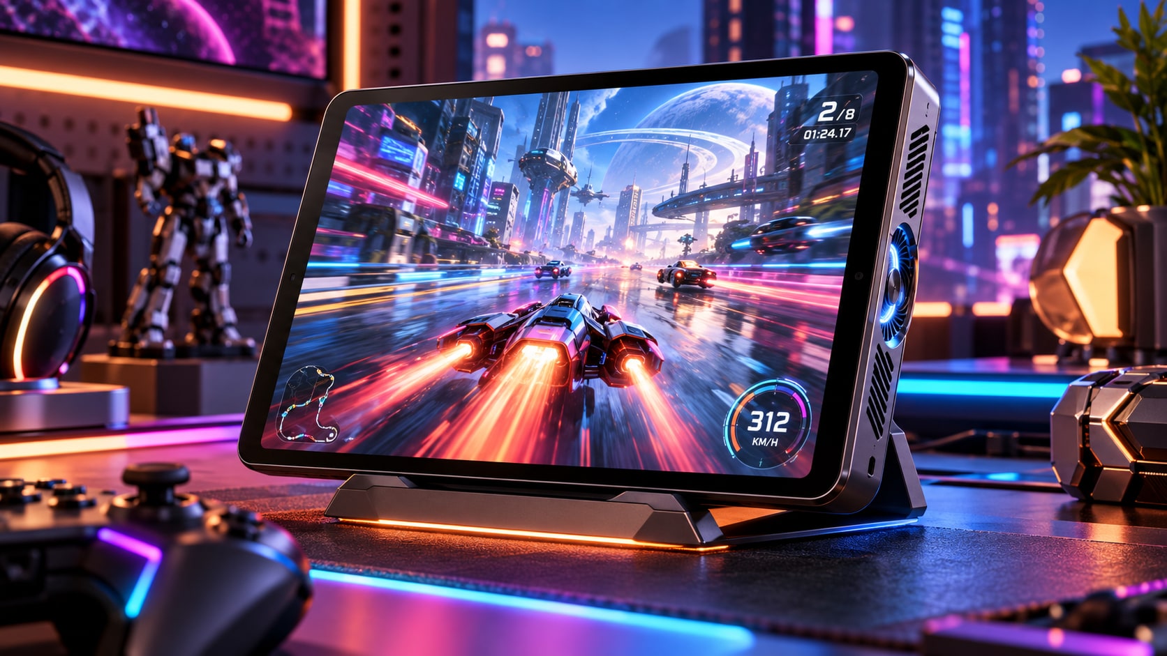 iQOO Pad Ultra 8.8-inch 165Hz OLED gaming tablet on desktop cooling dock displaying high-speed futuristic racer