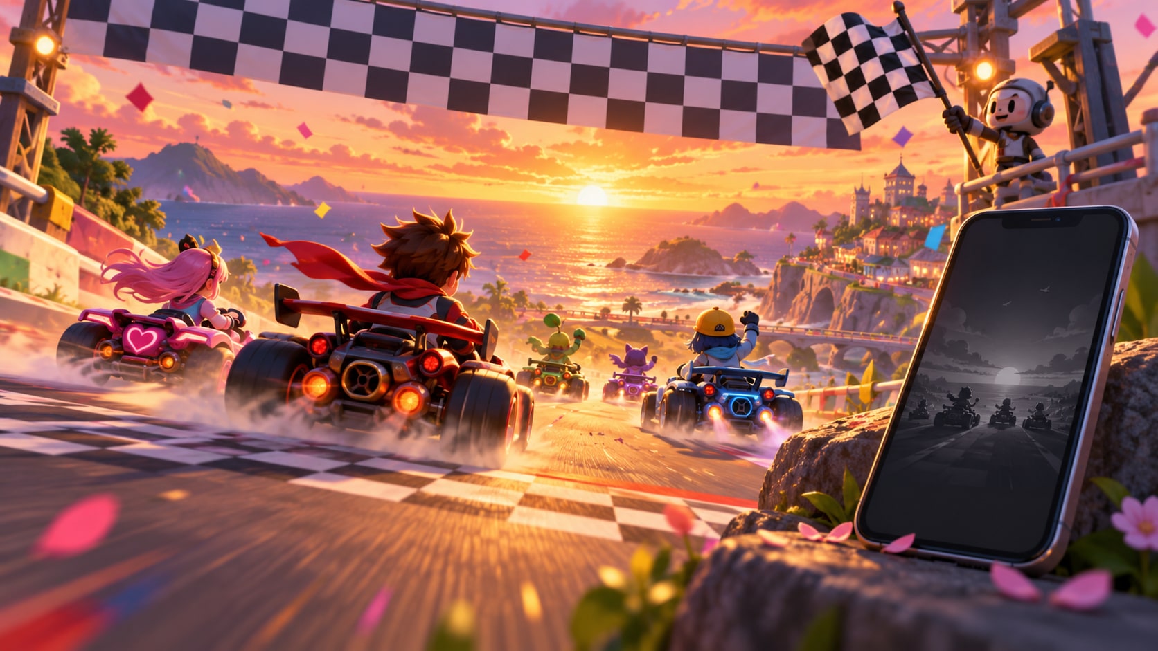 Mario Kart Tour racers crossing checkered finish line at coastal sunset on mobile device screen