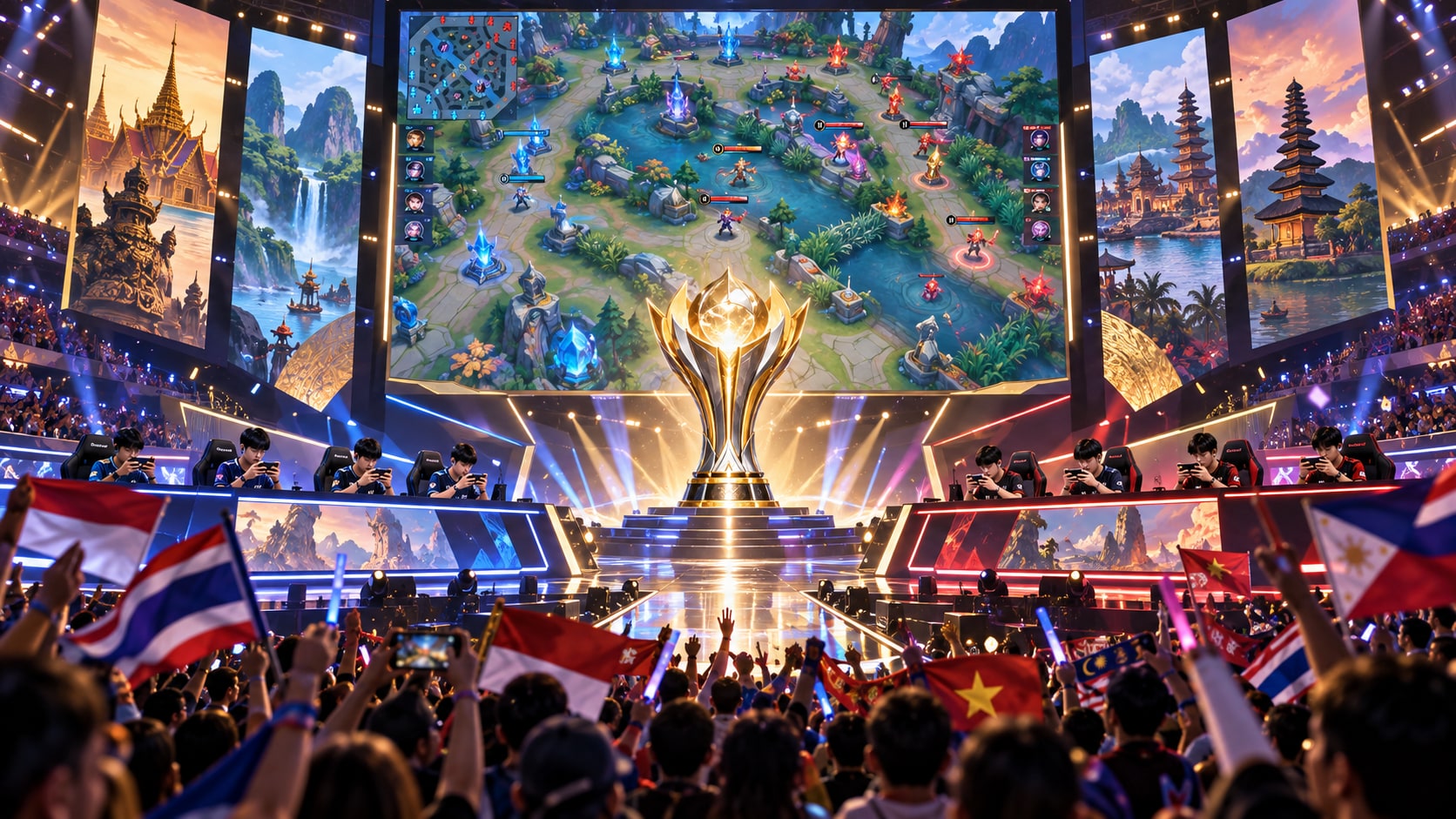 Mobile Legends Asian Games esports medal competition with MOBA stage, trophy, national flags and teams competing on phones