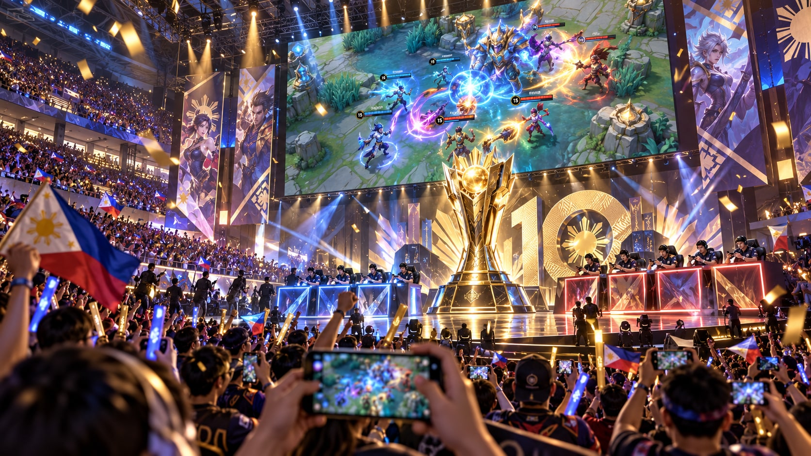 MPL Philippines 10th-anniversary tournament playoffs at PhilSports Arena with cheering fans, Philippine flags and giant trophy