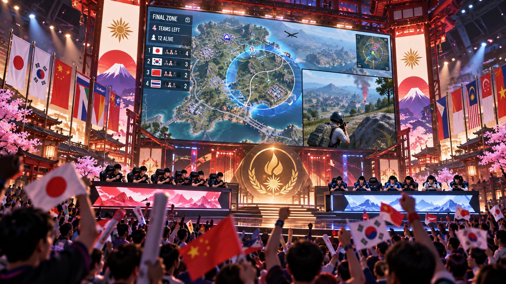 PUBG Mobile Asian Games esports medal final at Aichi Sky Expo with national teams on stage and massive stadium screen