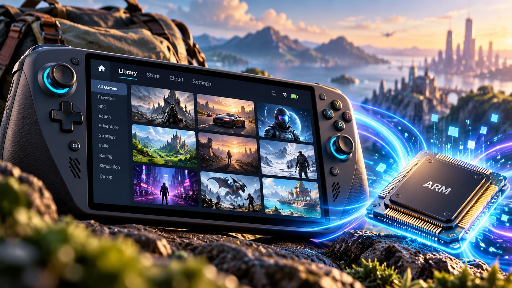 Handheld gaming console running SteamOS game library connected to glowing ARM processor chip