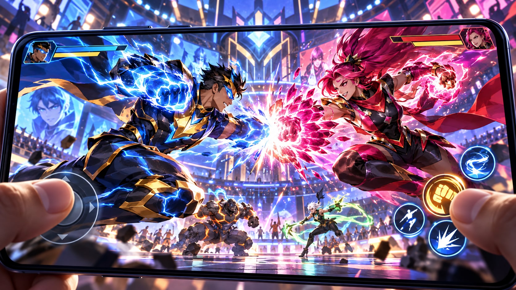 DCKO mobile superhero fighting game touchscreen clash between heroes in tournament arena