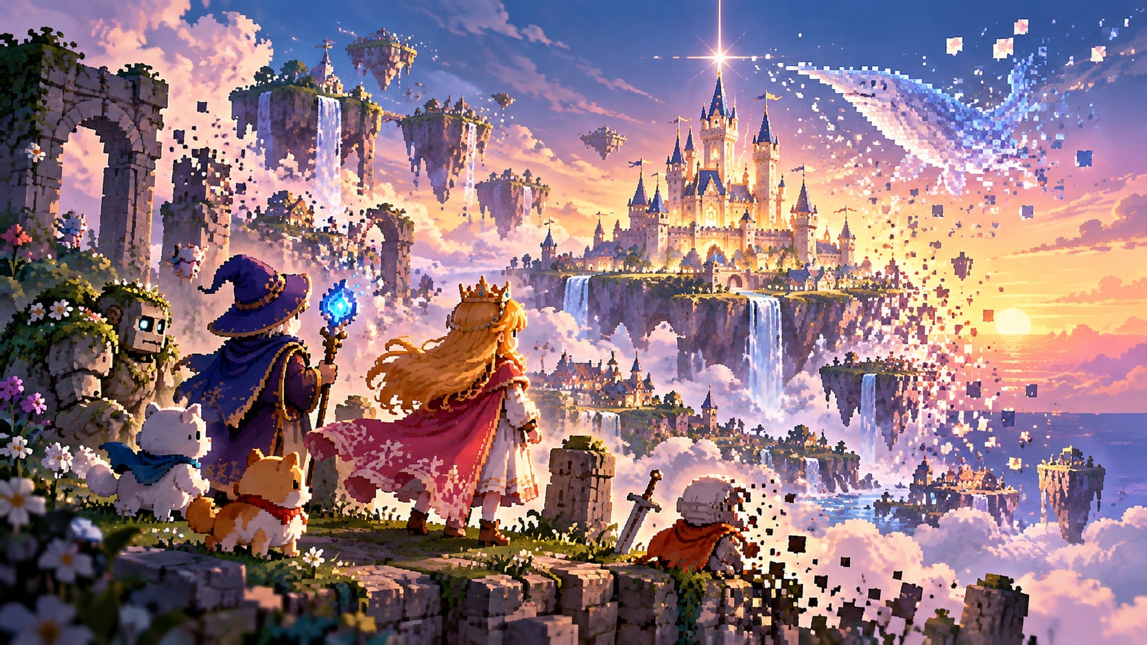 Disney Pixel RPG pixel-art heroes watching fantasy kingdom dissolve into stardust at sunset marking global shutdown