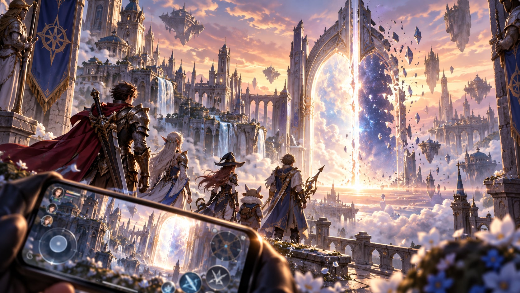 Final Fantasy XIV Mobile fantasy adventuring party before a closing crystal gateway as Chinese and global services end