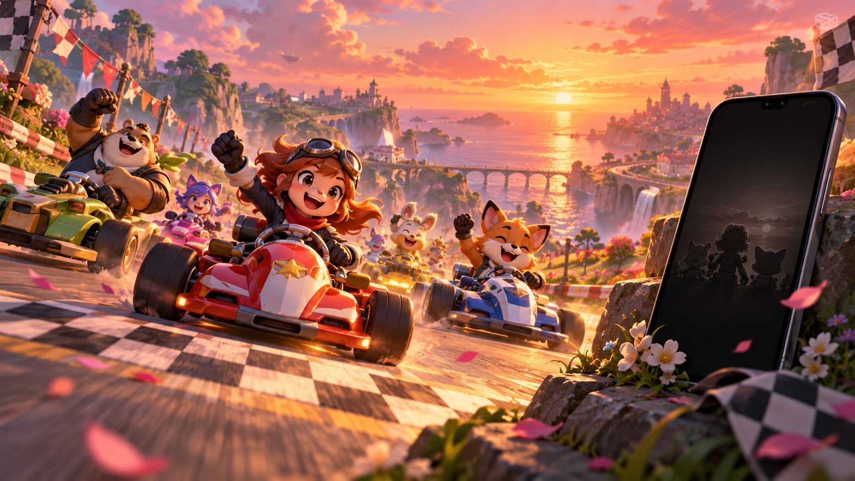 Mario Kart Tour racers crossing final sunset finish line beside powered-down smartphone screen commemorating end of service