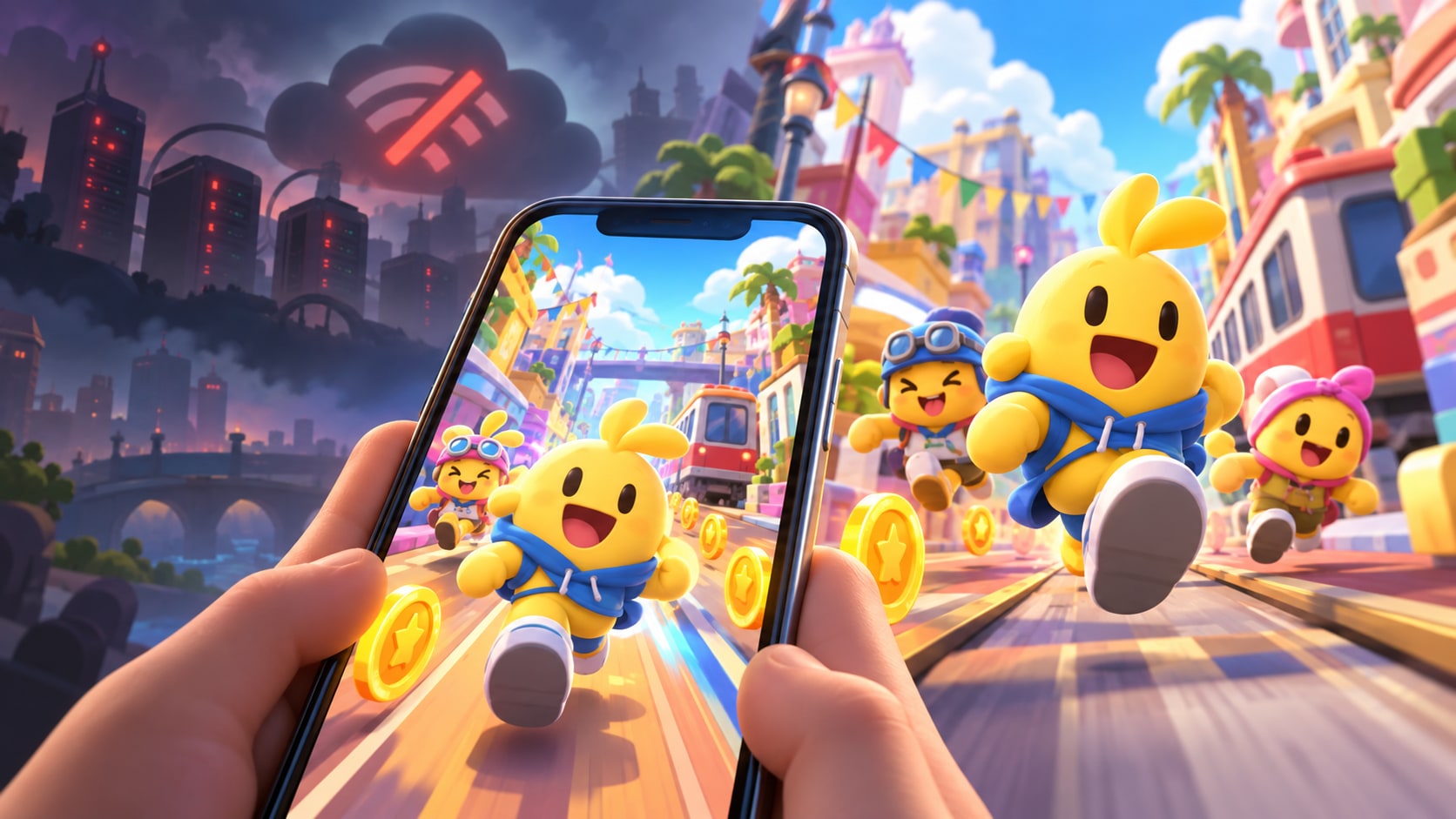 Minion Rush mobile endless runner characters collecting coins with offline indicator representing preserved offline play