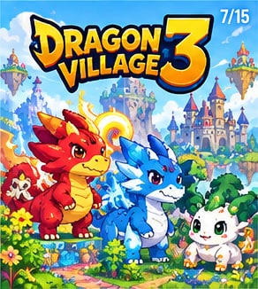 Vibrant red, blue, and plant baby dragons standing before fantasy castle settlement in Dragon Village 3