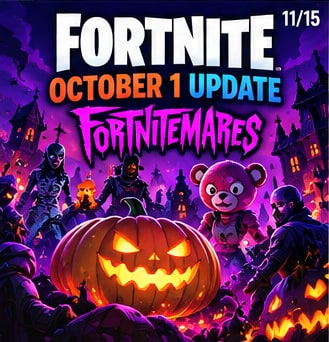Fortnite October 1 Fortnitemares update banner with glowing carved pumpkin and sinister shadowy characters