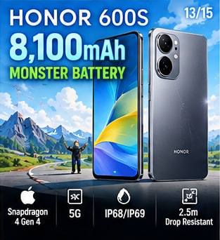 HONOR 600S smartphone front and back display showcasing 8,100mAh monster battery and IP68/IP69 ratings