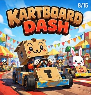 Cute animal racer driving a taped cardboard box kart on colorful track in Kartboard Dash