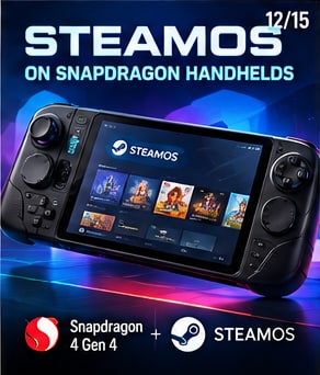 SteamOS interface running on a Snapdragon-powered handheld gaming console next to Qualcomm Snapdragon logo