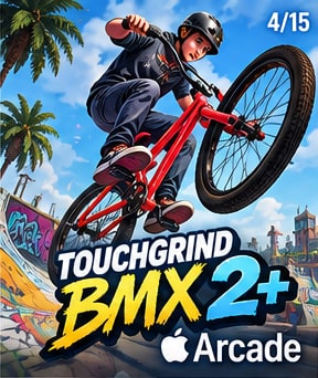 BMX stunt rider performing an aerial trick over urban skatepark in Touchgrind BMX 2+ on Apple Arcade