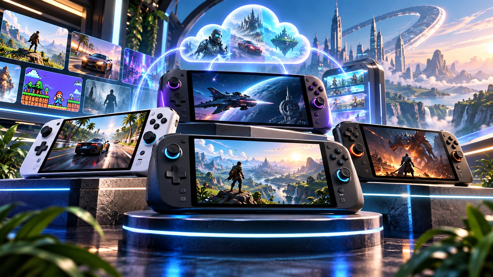 Multiple dedicated Android gaming handhelds on display pedestals showcasing native Android games, retro emulation, and cloud gaming