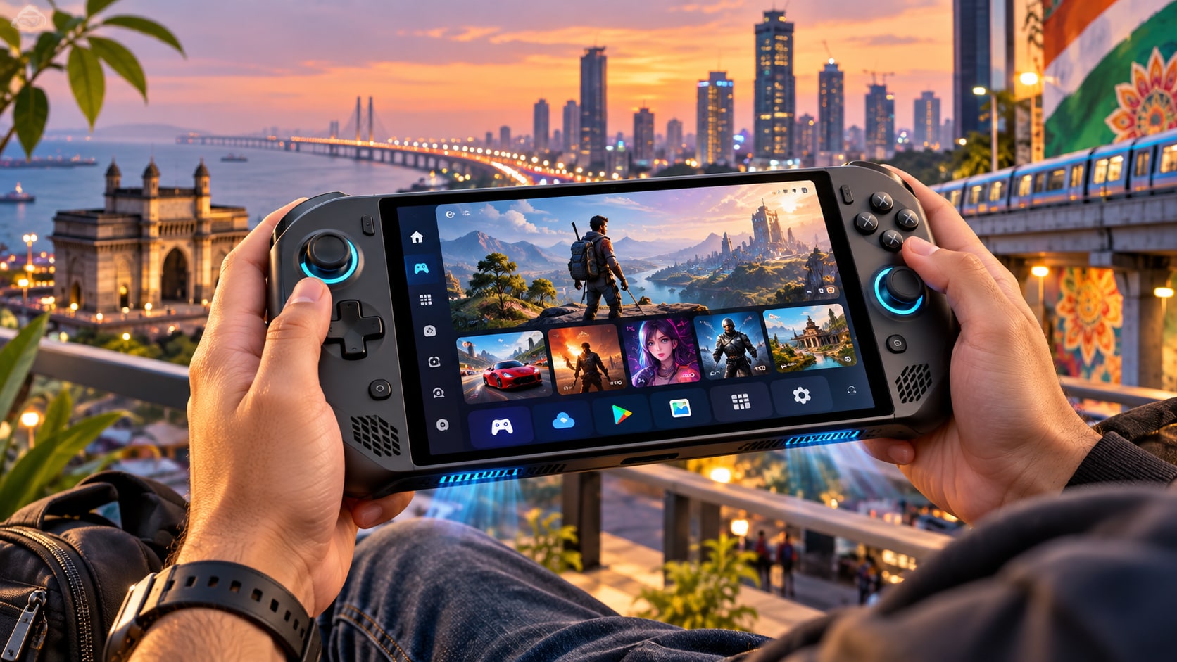 ARC X1 Android gaming handheld held in hands with controller-first OwlOS launcher screen against sunset Mumbai skyline