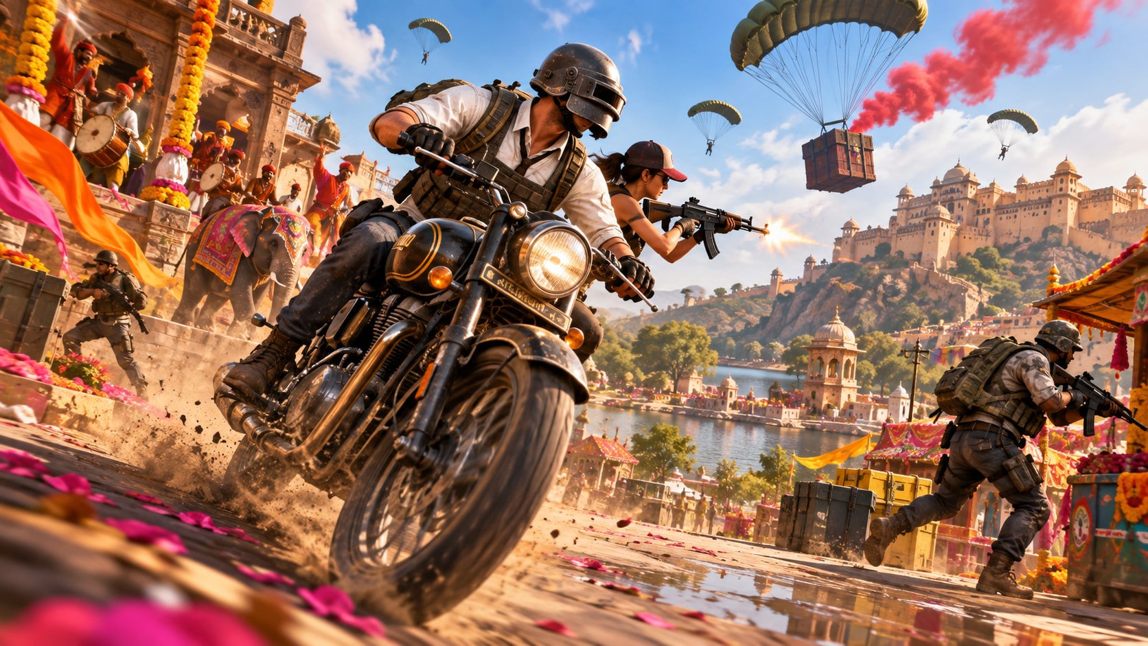 BGMI players riding a classic Royal Enfield motorcycle through vibrant Indian palace city with parachute airdrop in background