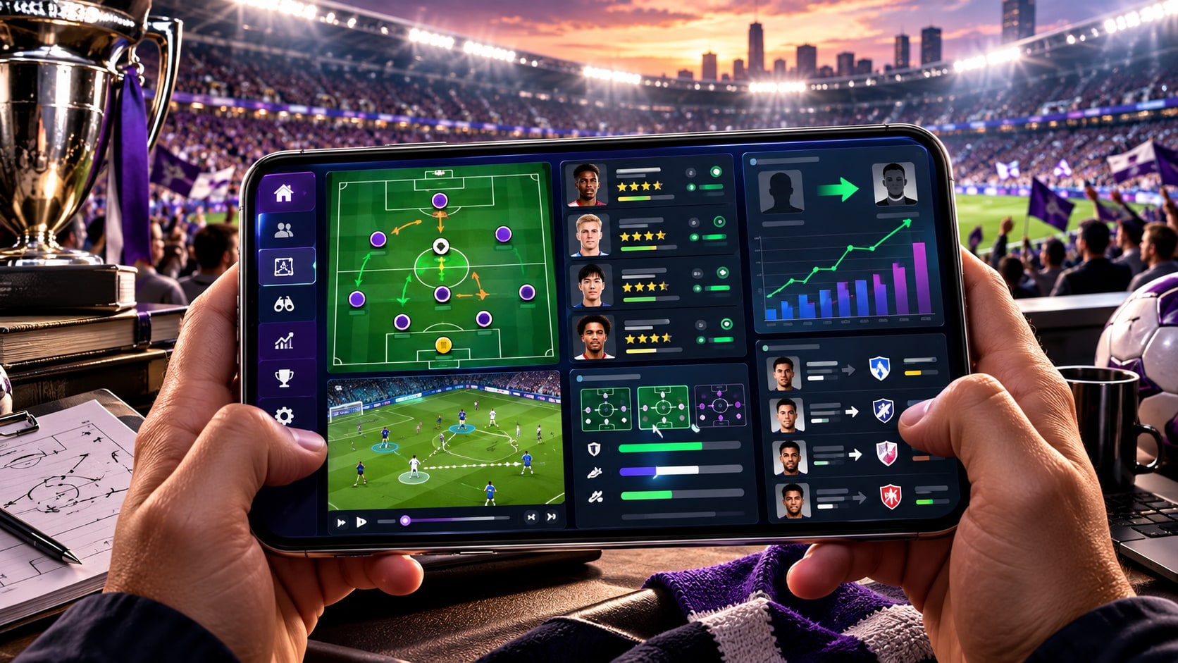 Football Manager 27 Mobile tactical management interface on tablet displaying pitch formation, transfer statistics, and player ratings