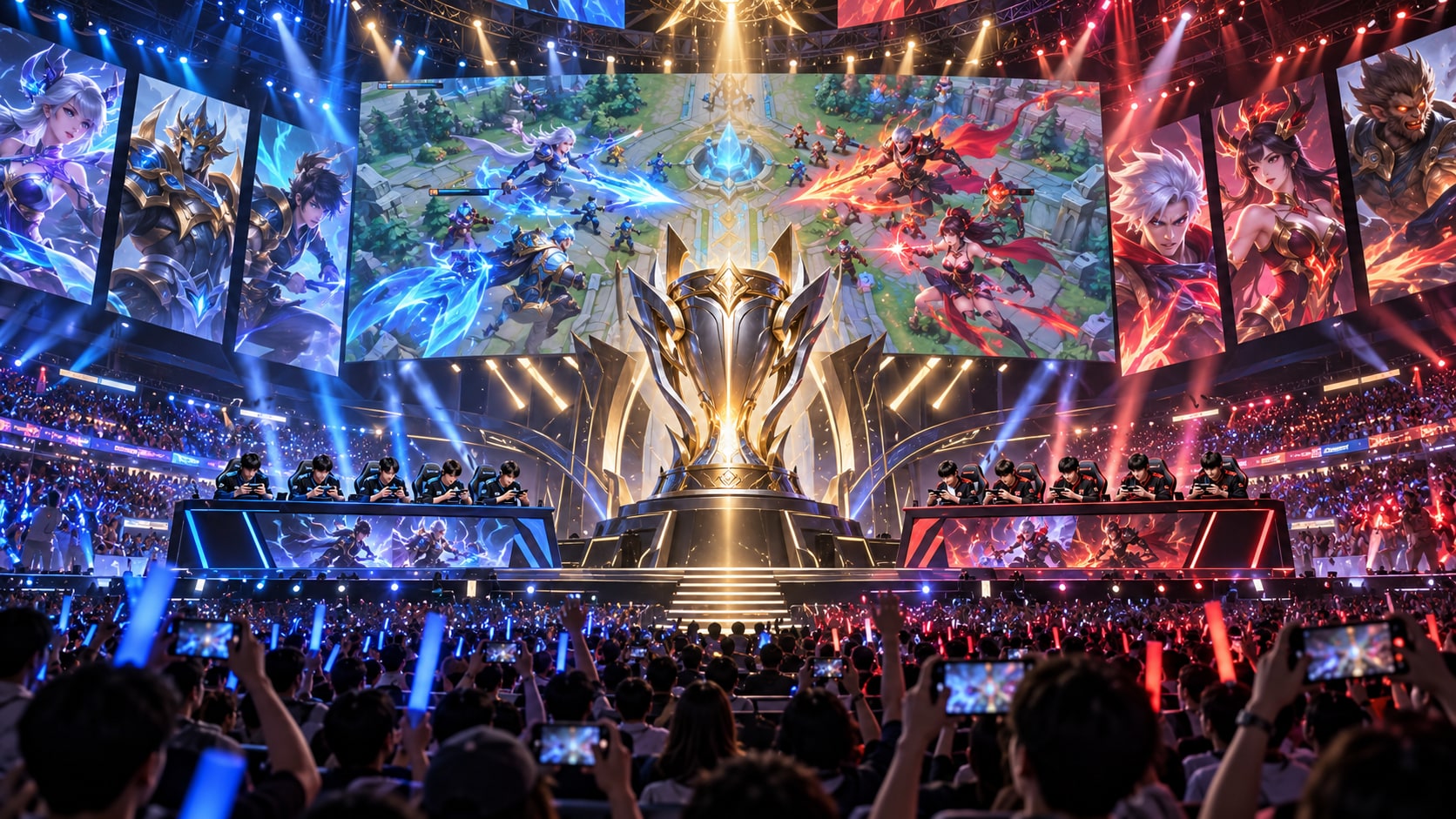 Honor of Kings KPL Grand Finals esports stage with players competing on mobile devices around a giant championship trophy