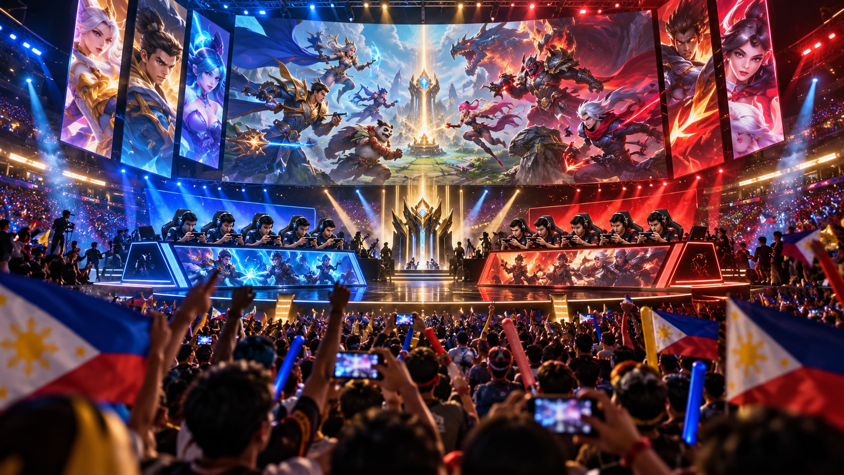 MPL Philippines Season 18 Mobile Legends esports arena with cheering fans waving Philippine flags and two pro teams on stage