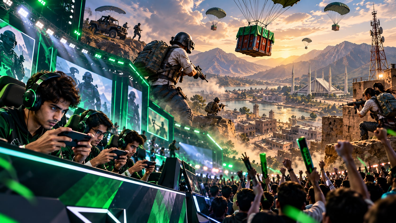 PUBG Mobile Pakistan Open Qualifier Finals esports stage in Islamabad with Pakistani flags and Faisal Mosque background